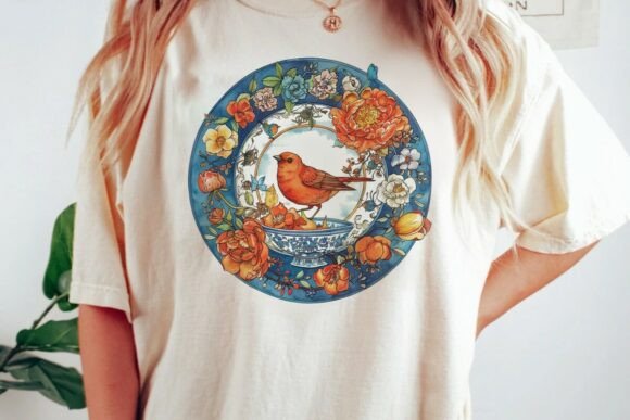 Elegant Bird & Floral Plate Design PNG for Creative Projects