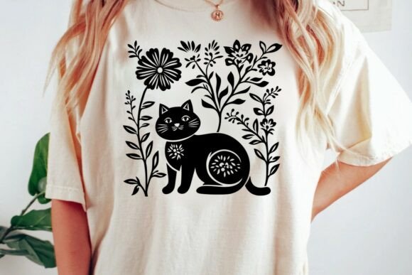 Folk Art Cat Floral Outline: A Versatile Design Asset